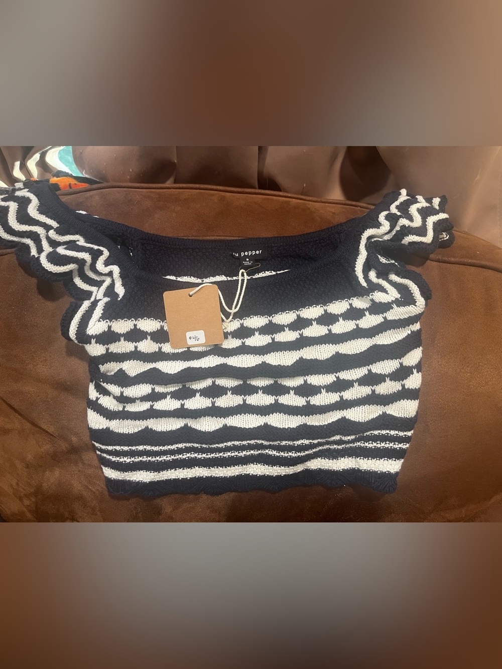 Blu Pepper black & White Off-the-Shoulder Striped Ruffle Sweater